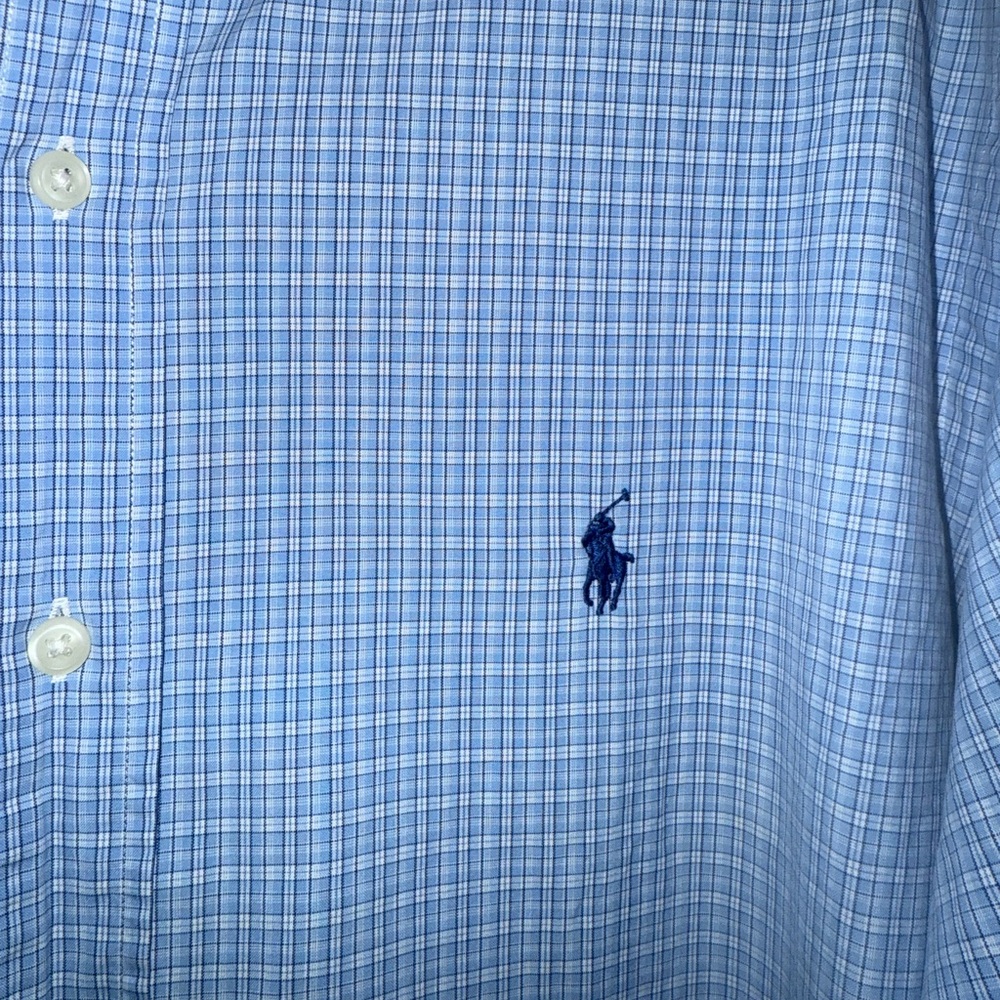 Ralph Lauren Men's XL Light Blue and White Plaid Collared Button Down